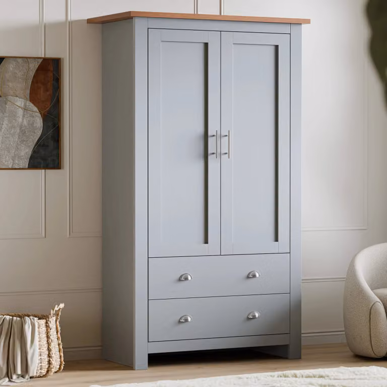 DHS Grey Shaker Double Wardrobe with Integrated Drawers and Soft Close Doors, H 180 cm x W 86 cm x D 52 cm