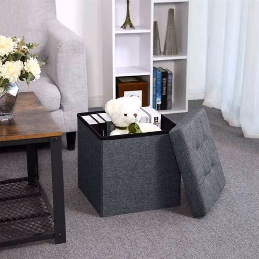 Dprodo Linen Folding Storage Ottoman and Foot Rest Stool in Grey, W/D/H: 38 x 38 x 38 cm – 2