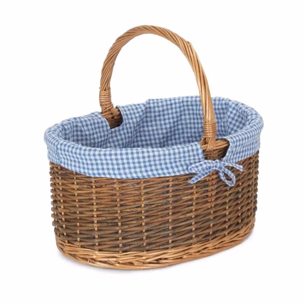 Red Hamper Wicker Oval Shopping Basket with Cotton Lining in Blue, Small – 2