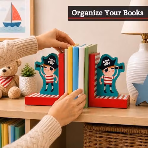 Premier Housewares Pirate Bookends Set of 2, Multicolour MDF Maritime Design for Children's Shelves, H: 16.0 cm, W: 13.0 cm, D: 10.0 cm – 4
