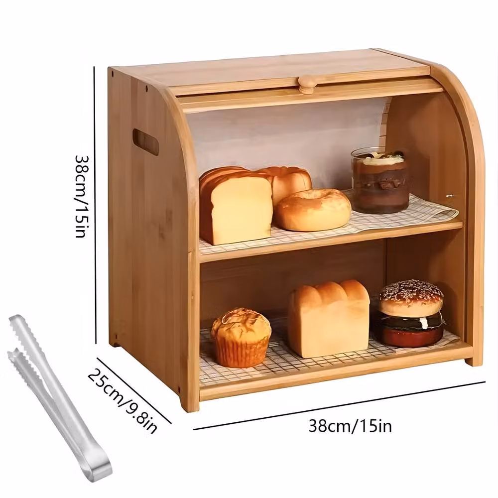 Ventryn 2 Tier Roll Top Bread Bin with Compartments, Brown – 2