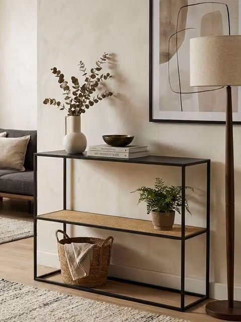 Orsina Minimalist Rectangular Console Table in Black Metal and Rattan, W/D/H: 110 x 80 x 30 cm