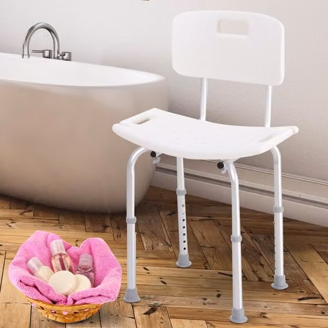 HOMCOM White Adjustable Shower Stool with Drainage Seat and Height Adjustable Legs