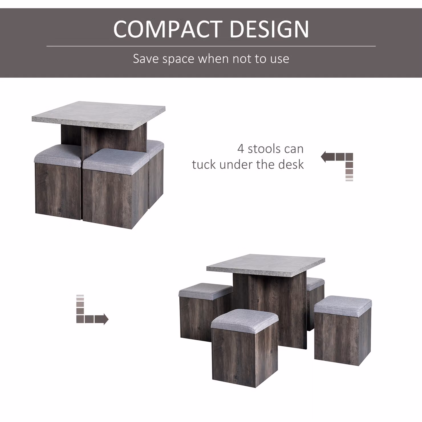 HOMCOM 5 Piece Wooden Garden Dining Set with Table and 4 Grey Storage Stool Ottomans – 4