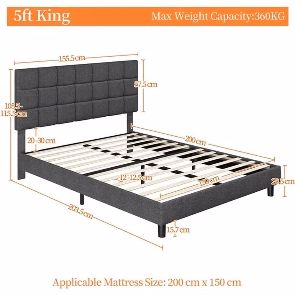 NESTLUNE King Upholstered Bed Frame in Grey, W: 150 cm, L: 200 cm – 2