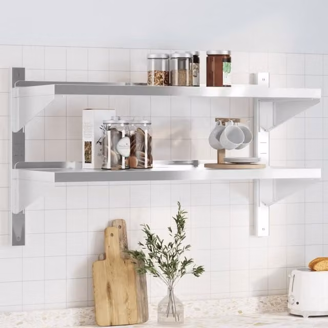 Berkfield Home 2-Tier Wall Mounted Metal Shelf in Silver, W/D/H: 100 x 40 x 60 cm