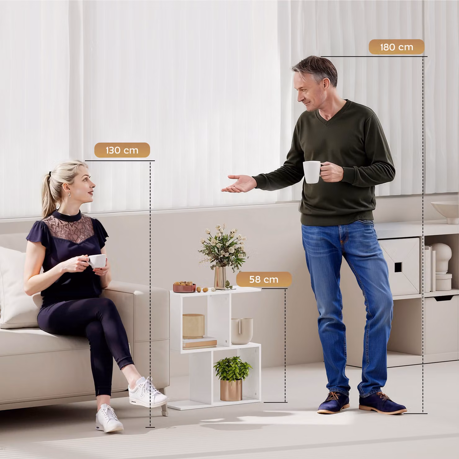 HOMCOM S-Shaped 3-Tier Side Table with Storage Shelves, White, W: 50 cm, D: 19.5 cm, H: 58 cm – 3