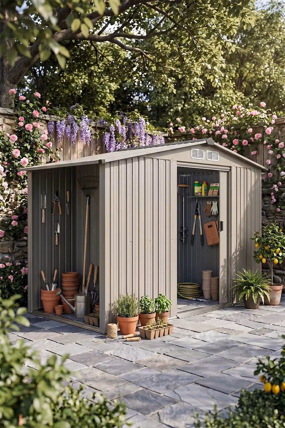 Living and Home Metal Garden Storage Shed with Log Storage in Light Grey – 2
