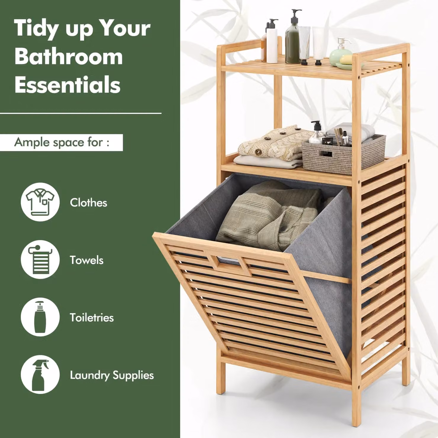 Costway Bamboo Tilt Out Laundry Hamper Cabinet with Storage Shelves in Natural Brown – 4
