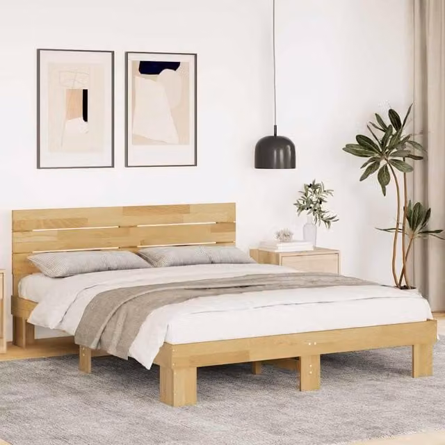 Berkfield Home Solid Wood Oak Bed Frame with Headboard in Brown, W: 140 cm, L: 190 cm