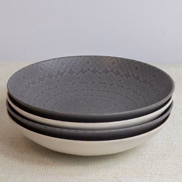 KitchenCraft 4pc Glazed Stoneware Pasta Bowl Set in Embossed Grey, Diameter: 22 cm