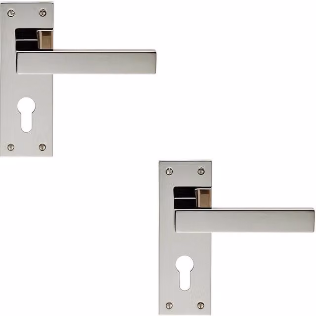 Loops 2x Pair Straight Square Lever on Euro Lock Backplate, Polished Nickel, W: 150 mm, H: 50 mm