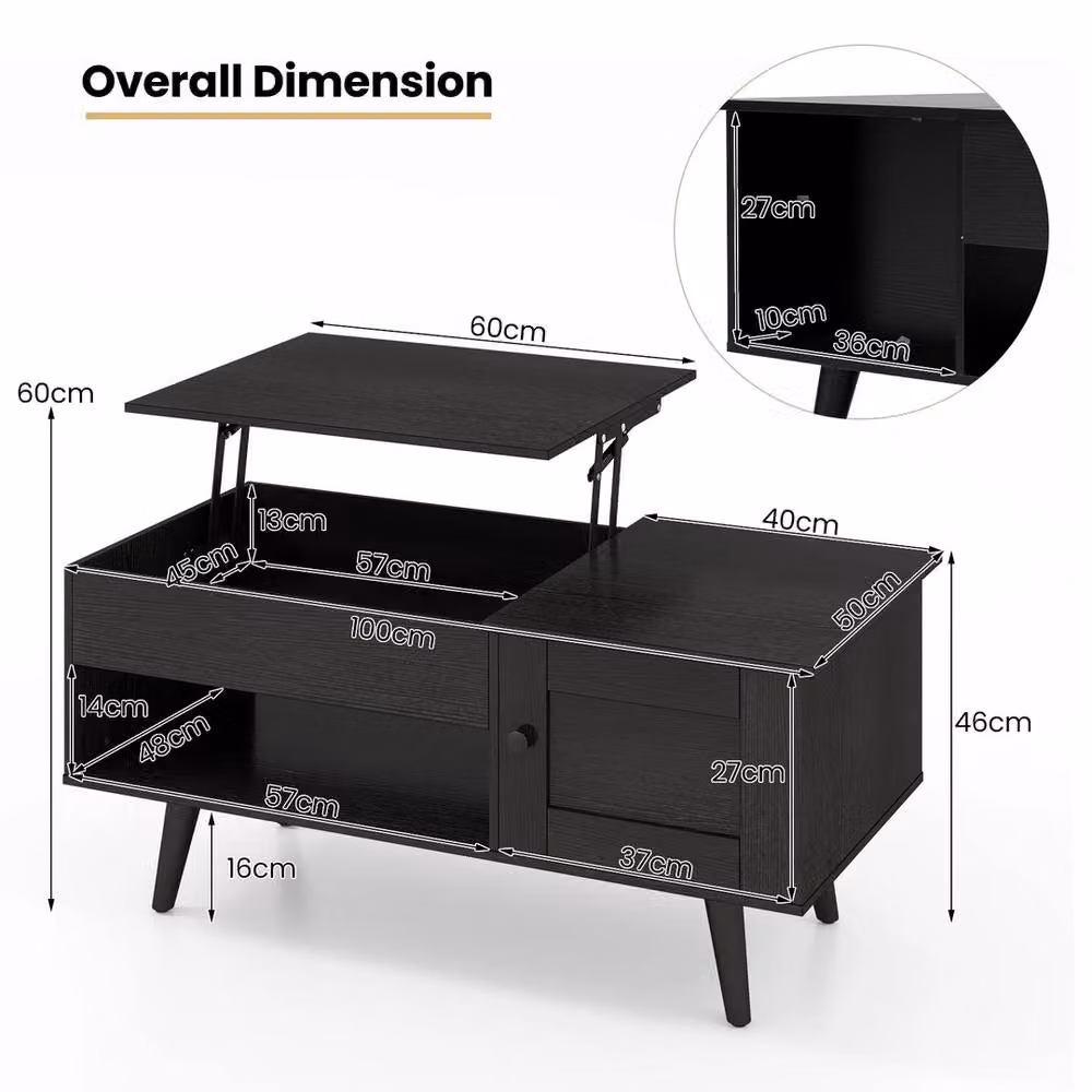 VOGREX Black Modern Rectangular Lift Top Coffee Table with Storage Space – 2