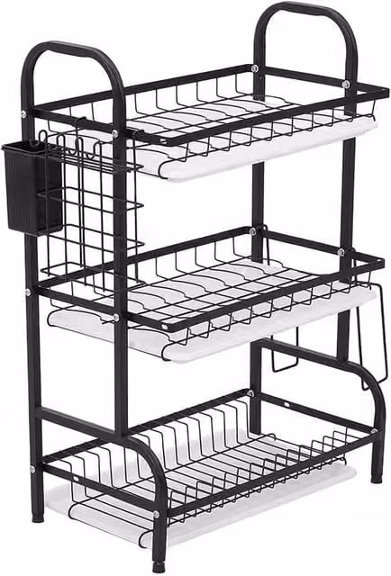 KORVIXA 3 Tier Dish Drainer Rack with Cutlery Holder and Drip Tray in Black Coated Steel