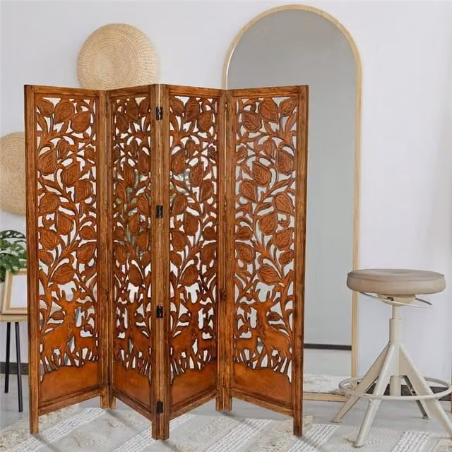 Topfurnishing Hand Carved 4 Panel Wooden Deer Screen Divider in Brown and White