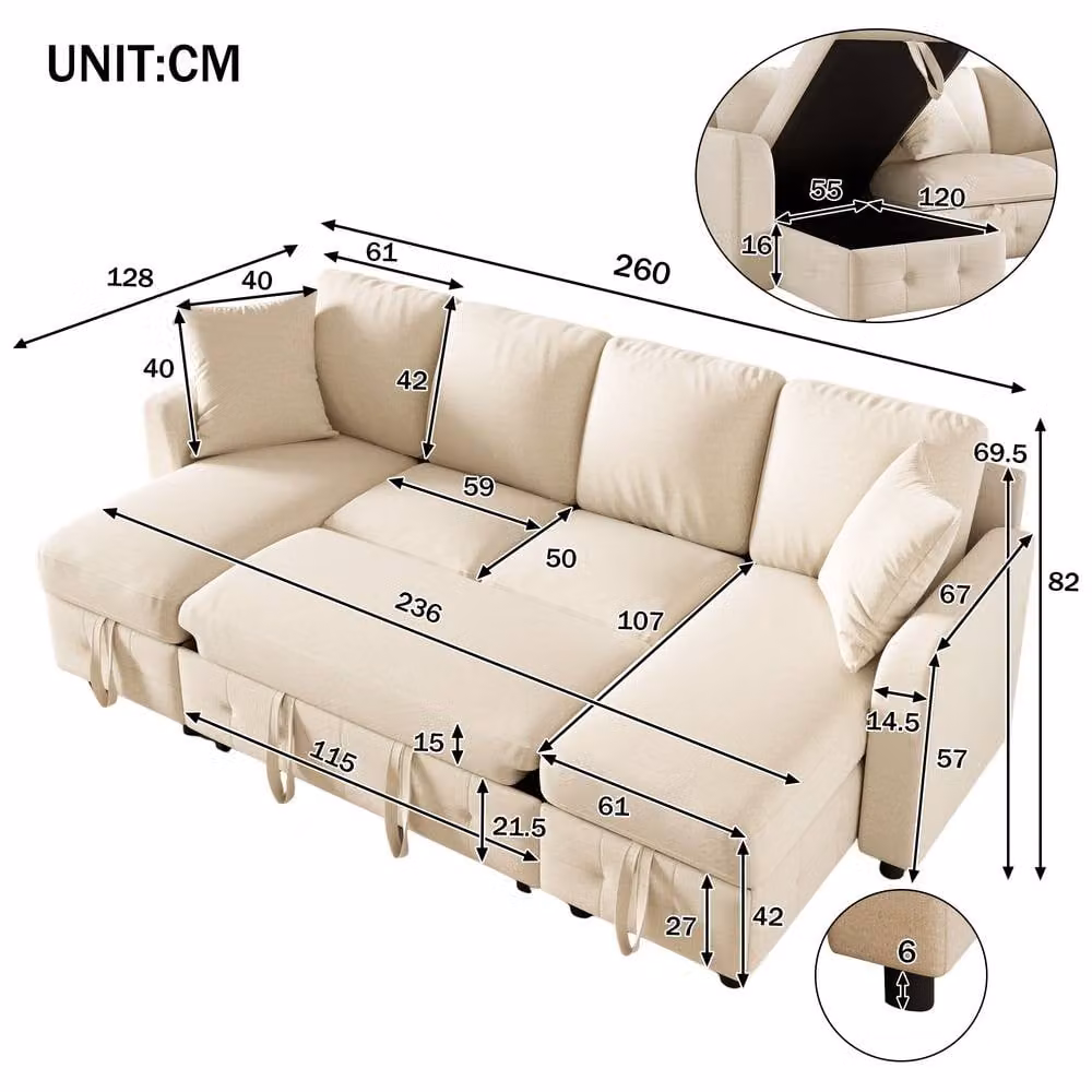 Merax Modern U-Shaped Pull-Out Sofa Bed in Beige with Dual Storage Chaises and USB Charging – 2