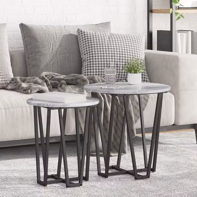 Berkfield Home Set of 2 Grey Sonoma Round Side Tables with Metal X-Frame Base – 1