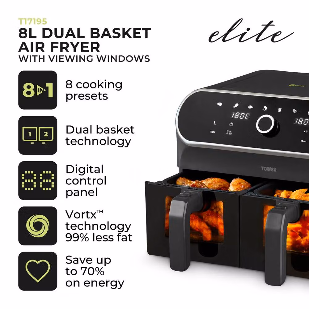 Tower T17195 Elite Dual Basket Air Fryer with Digital Control Panel and Viewing Windows in Grey and Black – 3