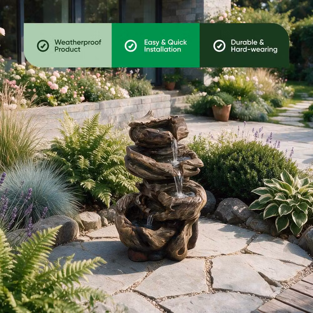 Gardenwize Solar Powered Rock Stack Cascade Garden Water Fountain in Brown, W/D/H: 30.0 x 22.0 x 47.2 cm – 3