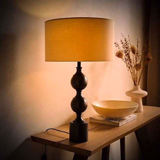 ValueLights Declan Candlestick Table Lamp with Drum Shade in Natural