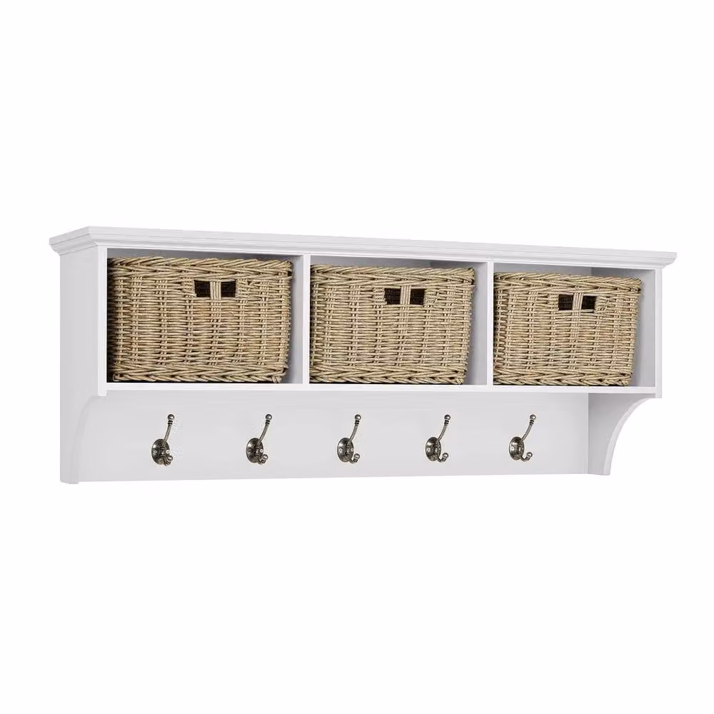 Statement Furniture Tetbury Wall Mounted Coat Rack and Hanging Shelf in White with 5 Hooks and 3 Brown Baskets – 2