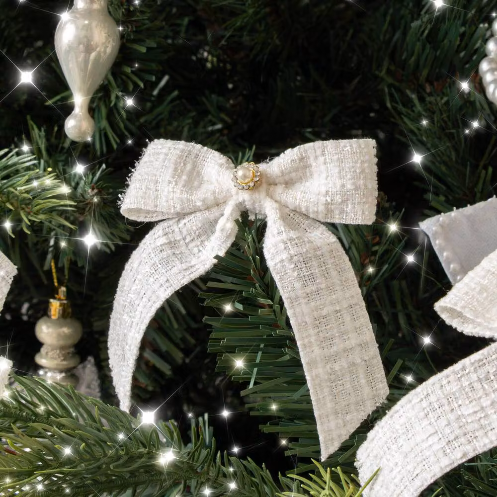 Melody Maison Set of 6 White Tartan Boucle Jewelled Christmas Bow Hanging Decorations – 2