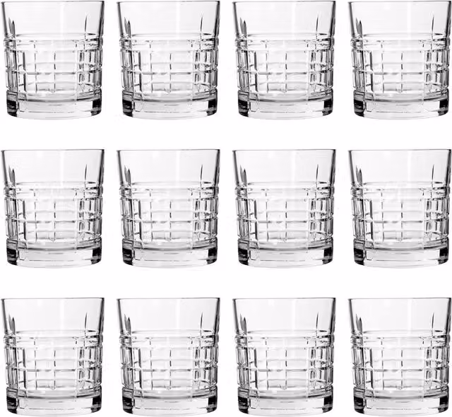 LAV Brit Geometric Whiskey Tumbler Glasses, Transparent, 325ml, Pack of 12 – 1