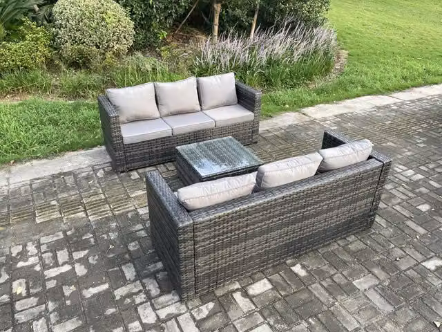 Fimous 6 Seater Wicker Rattan Garden Furniture Set with Square Coffee Table and Ottoman in Dark Grey Mixed – 1