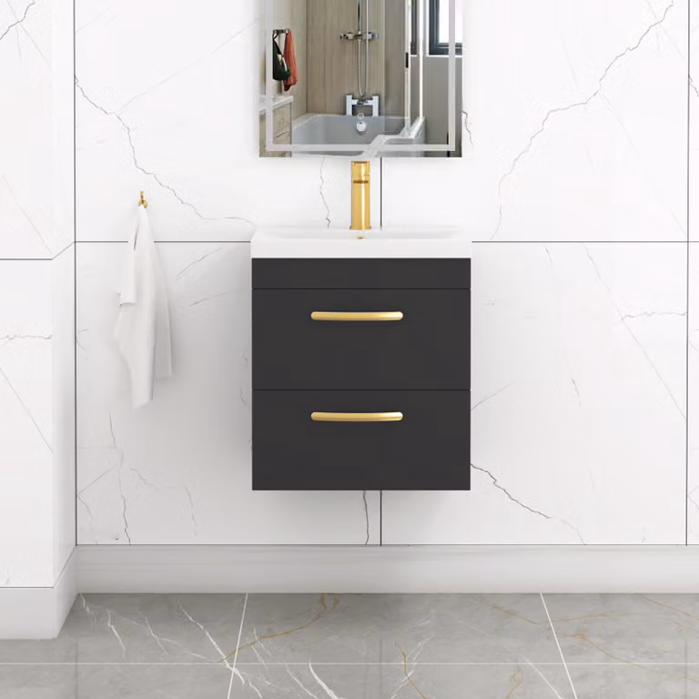 Royal Bathrooms Turin Wall Hung Vanity Unit with 2 Drawers and Mid-Edge Basin, Matt Black with Brushed Brass Handles, Width: 50 cm