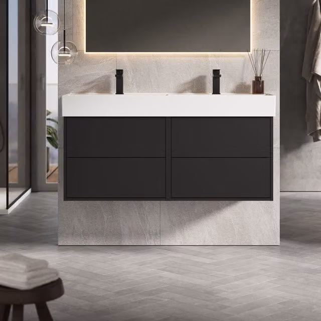 Banyetti Venti 1200mm Wall Hung Vanity Unit with Veneto 2 Tap Hole Basin, Matt Black, W/D/H: 120 x 45 x 48 cm