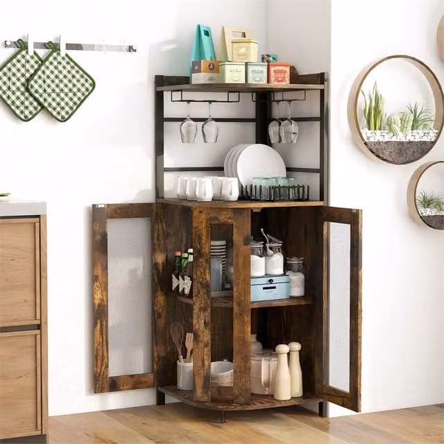 Nordara Industrial Corner Bar Cabinet in Brown with Glass Doors and Internal Shelves – 1