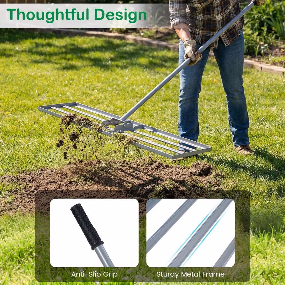 Gymax Metal Lawn Leveling Rake with Adjustable Long Handle in Silver – 5
