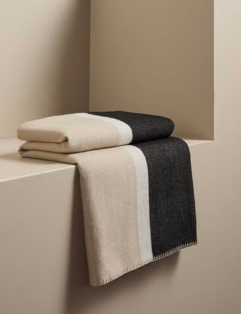 M&S x Kelly Hoppen Wool Blend Colour Block Brushed Throw in Beige and Multicolour