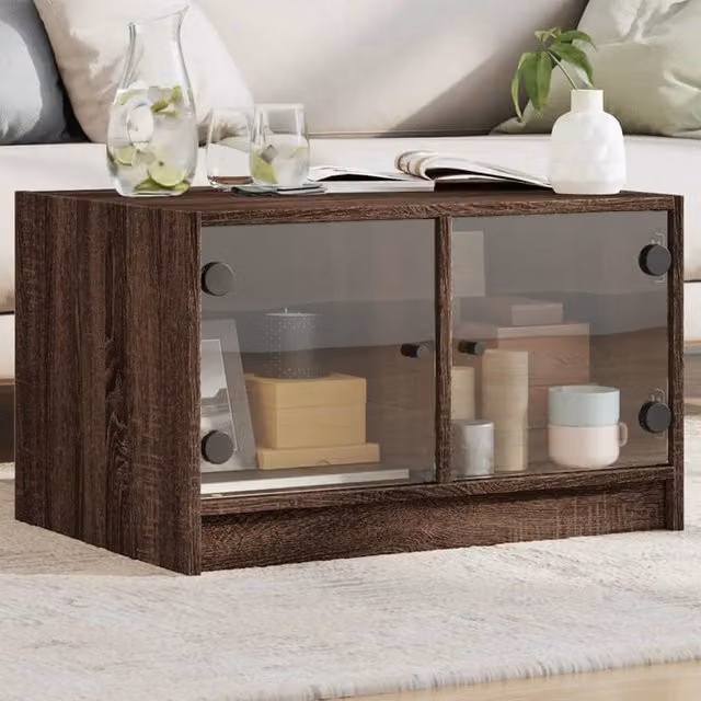 Berkfield Home Modern Coffee Table with Glass Doors in Brown Oak, W/D/H: 68 x 50 x 42 cm