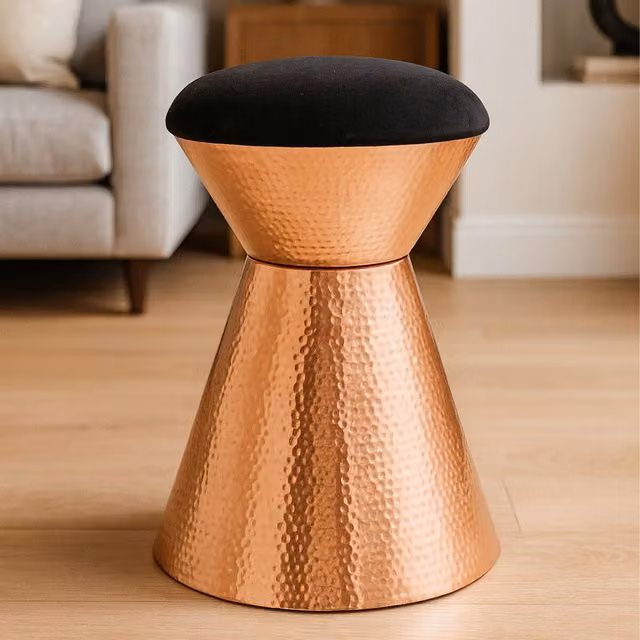 Orsina Black and Gold Velvet Cylindrical Stool with Metal Frame
