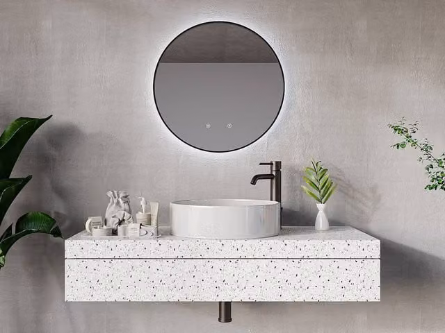 Vente-unique Round Illuminated Anti-Mist LED Bathroom Mirror with Black Surround, Diameter: 60 cm