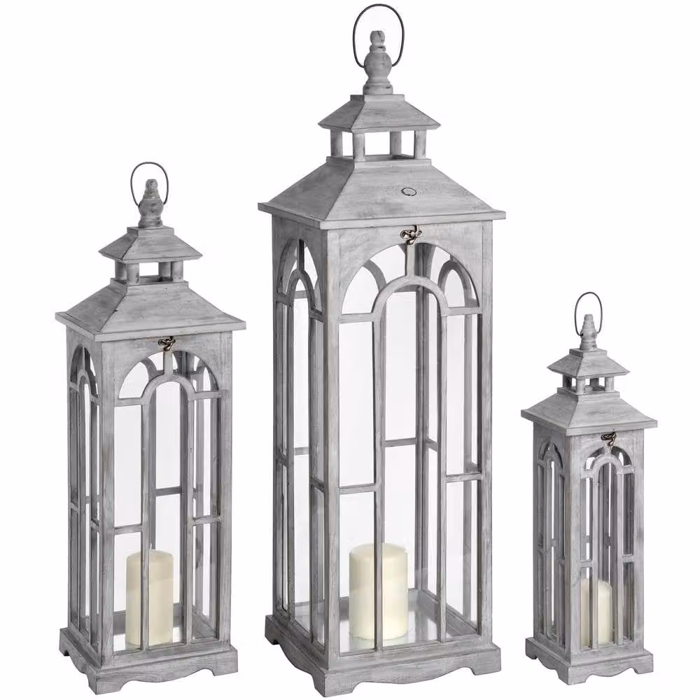 Wyld Haus Set of Three Greywashed Wooden Pillar Lanterns with Arched Windows and Handles in Grey – 2