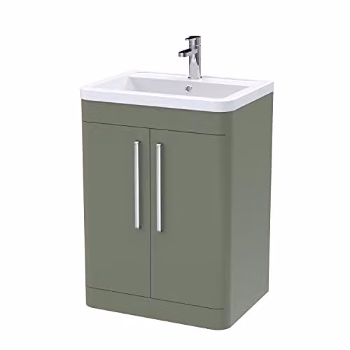 nuie Parade Modern 2 Door Bathroom Floor Standing Vanity Cabinet with Ceramic Basin, Satin Green, W: 60.0 cm, D: 44.5 cm, H: 80.0 cm