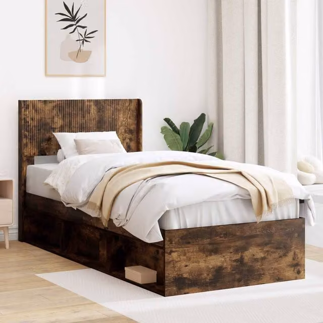 Berkfield Home Modern Bed Frame with Headboard and Side Compartment Storage, Smoked Oak, Brown, W: 100 cm, L: 200 cm – 1