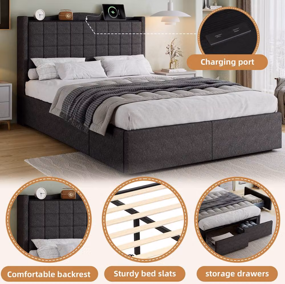 STILVORA Double Upholstered Bed with 4 Drawers and USB Charging Port, Grey Linen, W: 140 cm, D: 200 cm, H: 111 cm – 4