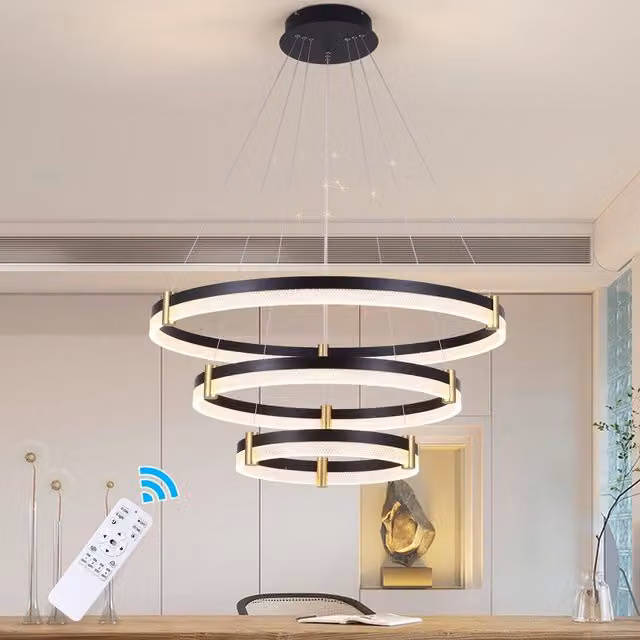Garwarm Black and Gold Dimmable LED 3-Ring Acrylic Crystal Pendant Light with Remote Control