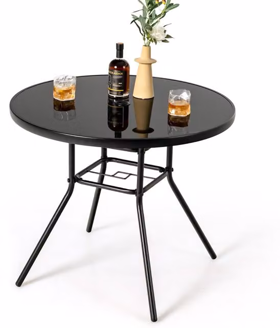 COSTWAY Modern Round Outdoor Tempered Glass Dining Table in Black