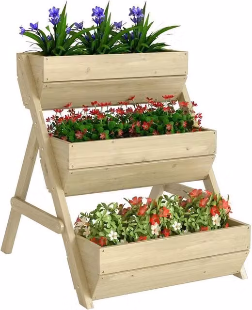 Kelvenix 3 Tier Wooden Raised Garden Bed in Brown, Sand or Beige, W/D/H: 76 x 65 x 23 cm