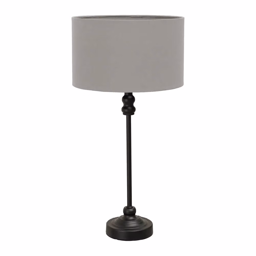 ValueLights Maggie Black Metal Candlestick Table Lamp with Grey Fabric Drum Shade and LED Bulb – 2