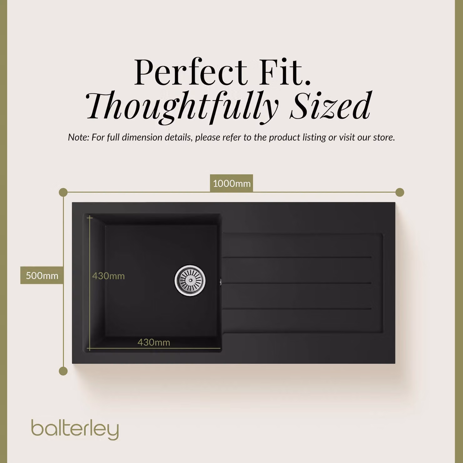 Balterley Reversible Single Bowl Composite Kitchen Sink with Drainer and Overflow, Matt Black, Width: 100 cm – 4