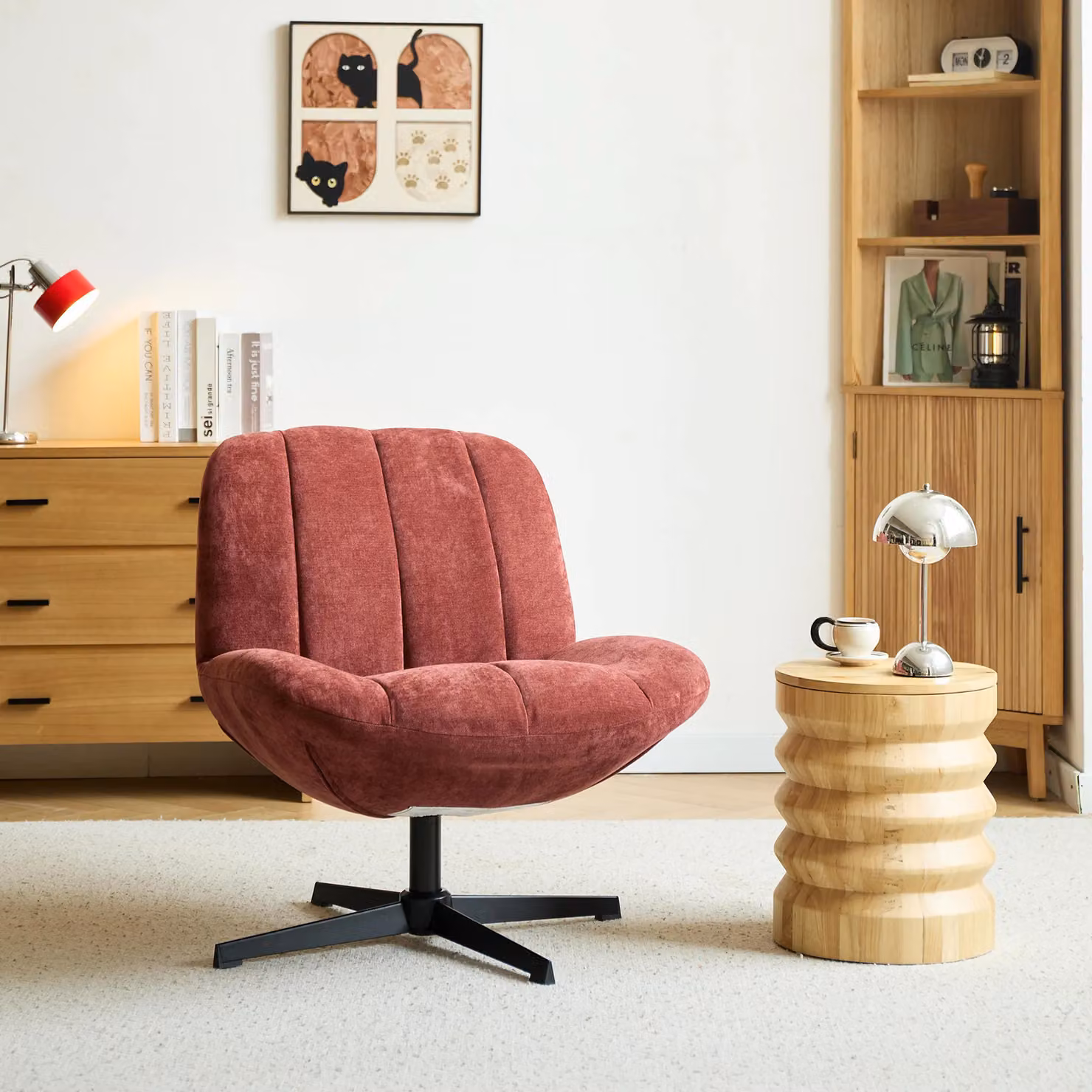 Nordlys Red Scandinavian Design Swivel Armchair with Metal Frame and Fabric Upholstery – 2