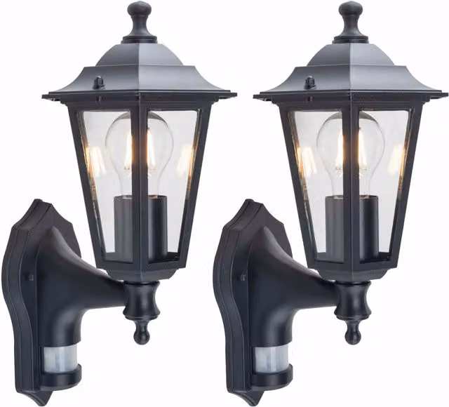 First Choice Lighting Eversham Set of 2 Black Six Sided Lantern Outdoor Wall Lights with PIR Motion Sensor – 1