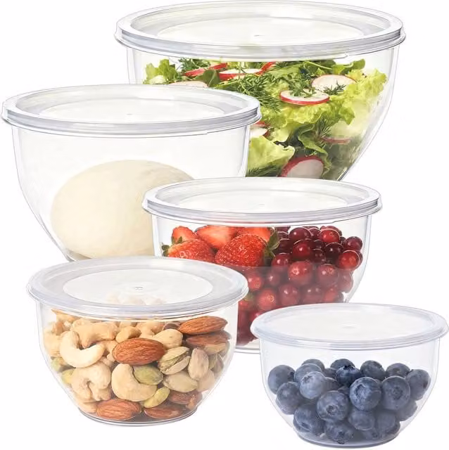 Greentainer 5 Piece Set of Transparent Round Plastic Mixing Bowls with Lids – 1