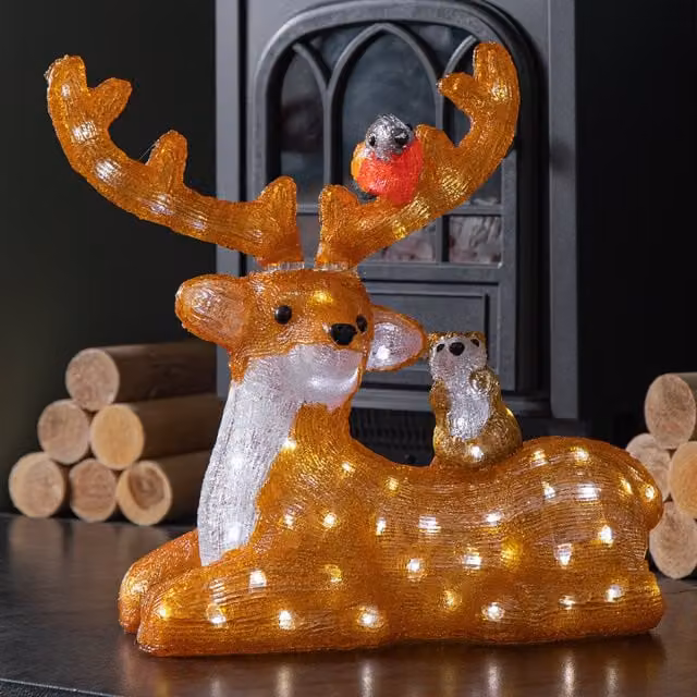 Samuel ALEXANDER Transparent and White Acrylic Sitting Christmas Deer with 80 Warm White LEDs, H: 40 cm