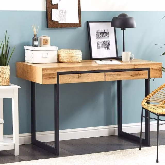 Wyld and Coco Modern Writing Desk with Brown Wood Look Top and Black Steel Sled Base, W/D/H: 120 x 55 x 76 cm